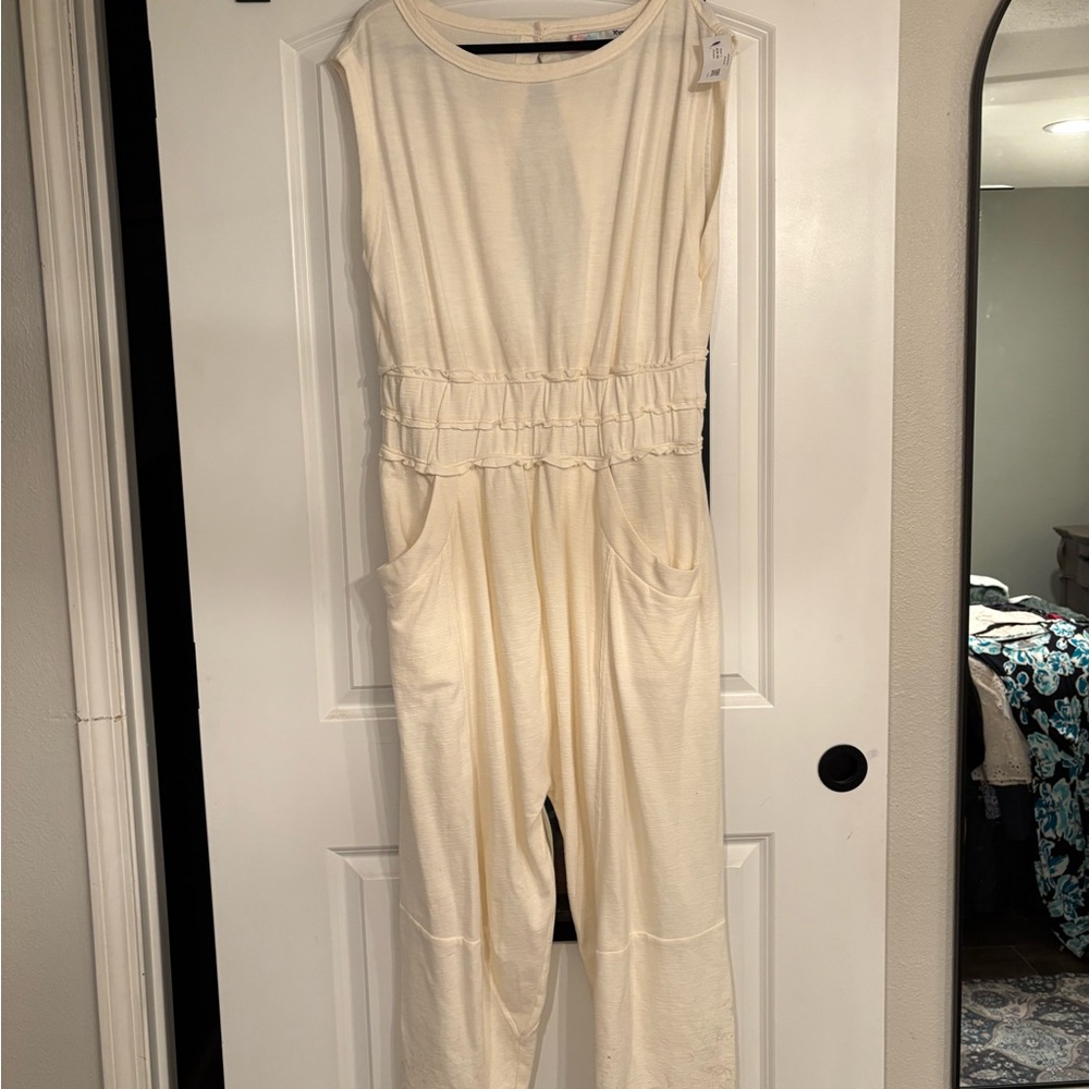 We The Free Cream Jumpsuit with Relaxed Fit and Cinched Waist